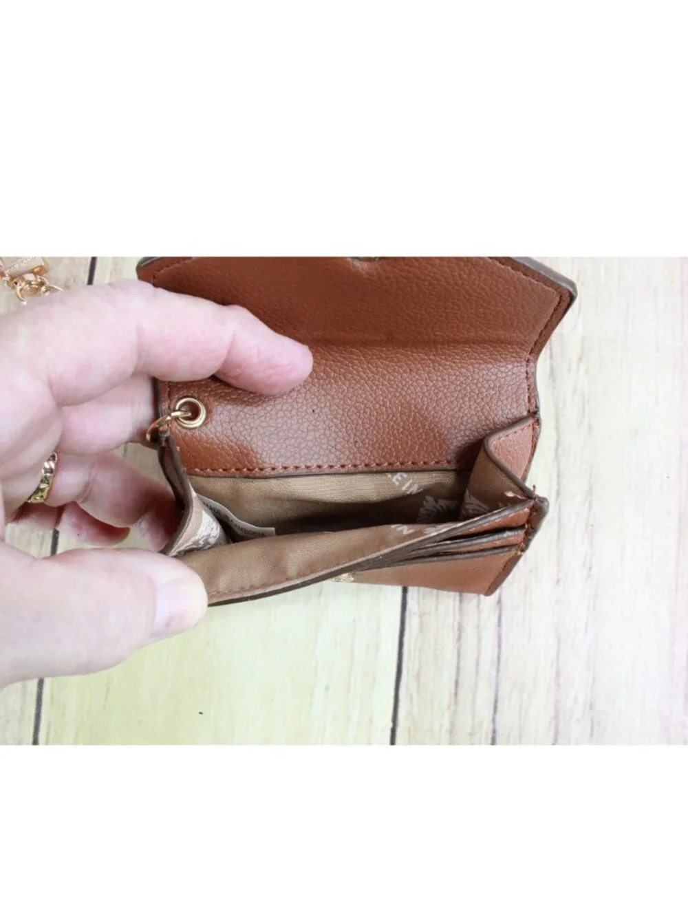 Anne Klein Brown Pebbled Vegan Leather Mini Envelope Card Case with Gold Chain